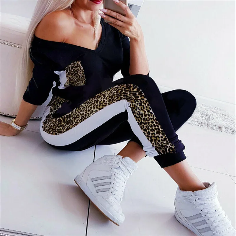 Fashion Women Romper Long Sleeve V-neck Leopard Stretch Bodysuit Romper Bodycon Jumpsuit Playsuit S-XL - Цвет: Черный