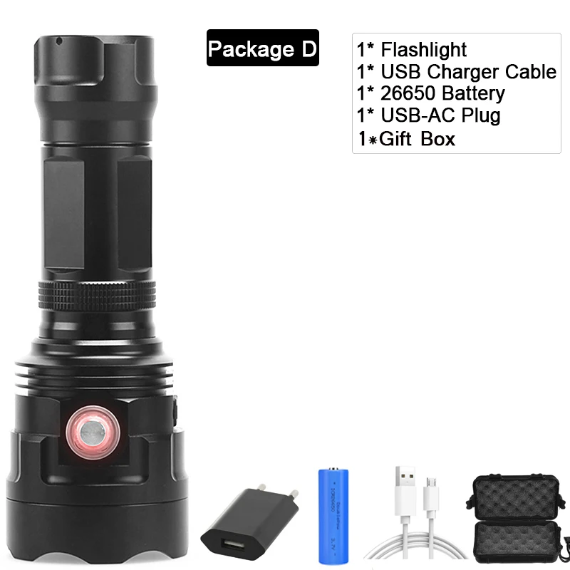Package D Brightst XHP90 USB Перезаряжаемый светодиодный светильник-вспышка мощный фонарь Водонепроницаемый охотничий светильник с батареей 18650 или 26650 - Испускаемый цвет: Package D