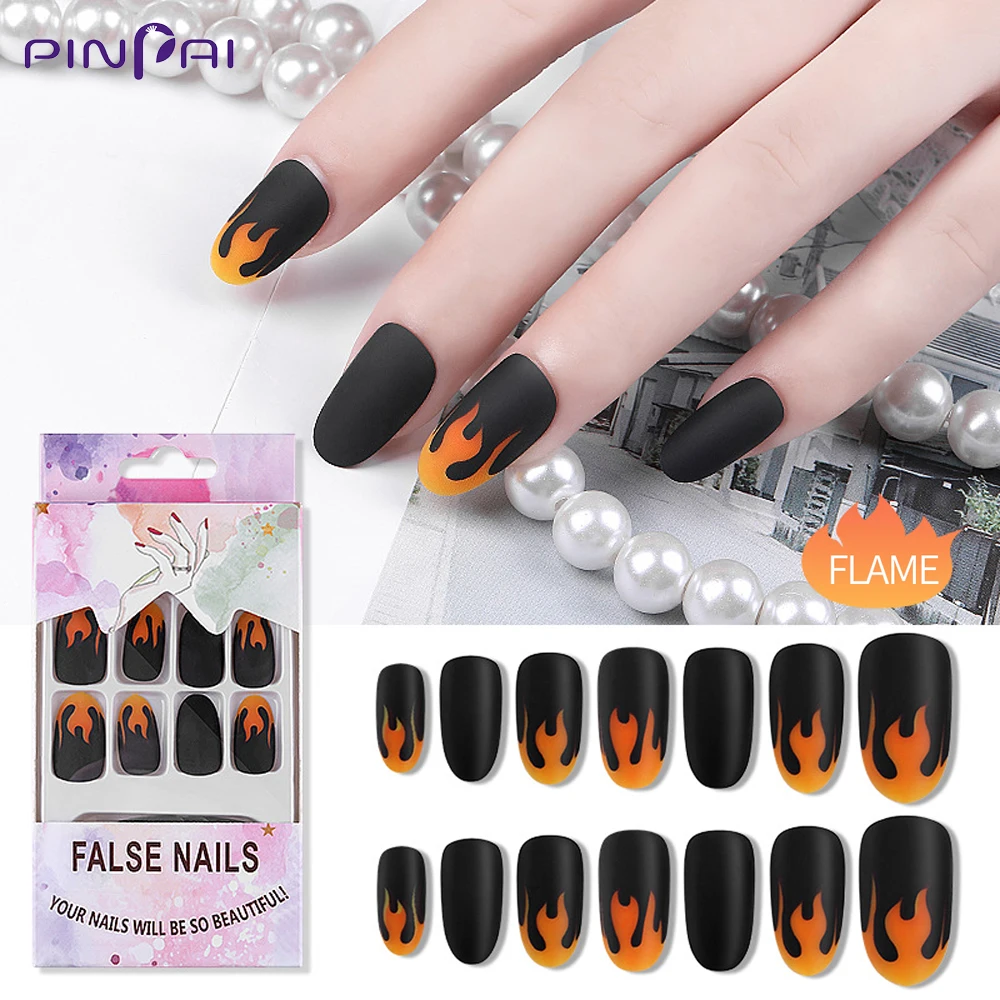 

24 Pcs/Set Punk Flame Pattern Matte False Nails Mixed Size Full Cover Fake Nail Tips With Adhesive Nail Sticker Manicure Tools