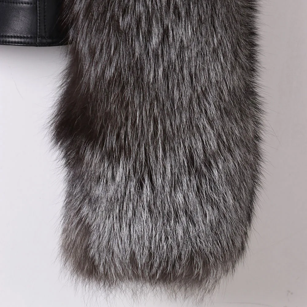 YOLOAgain women stand collar short genunie leather jacket ladies silver fox fur sleeve real leather jacket