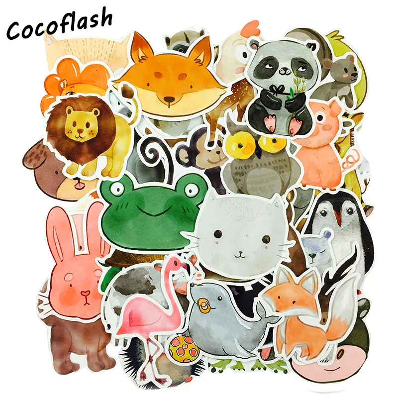 50Pcs/lot Watercolor Painting Style Animal Cartoon Stickers For Snowboard Laptop Vinyl Decal Home Decor Toy Stickers For Kids