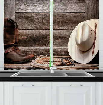 

Western Kitchen Curtains American Rodeo Items Lasso Hat Boots Horseshoe Rustic Wooden House Window Drapes for Kitchen Cafe Decor