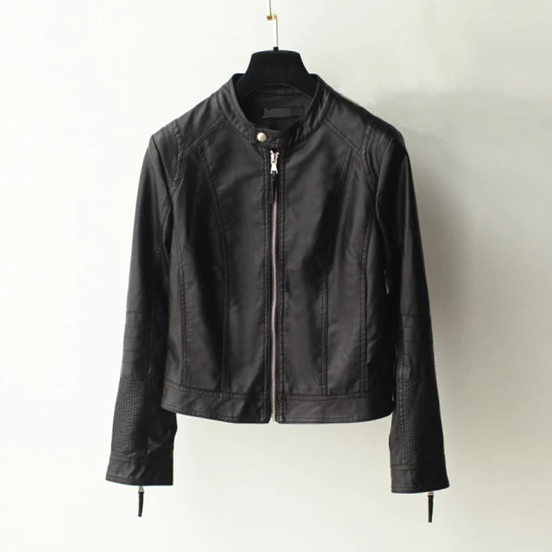 Черный Черная Женская куртка chaqueta mujer с круглым вырезом и длинным рукавом кожаная куртка уличная укороченная куртка кардиган на молнии Верхняя одежда - Цвет: Черный