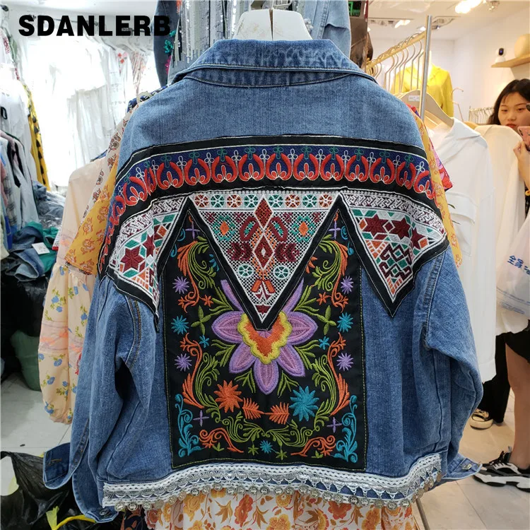 

Spring Autumn India's Style Jackets Old Embroidered Beads Bohemia Retro Travel Vacation Loose Jeans Jacket Coat Woman