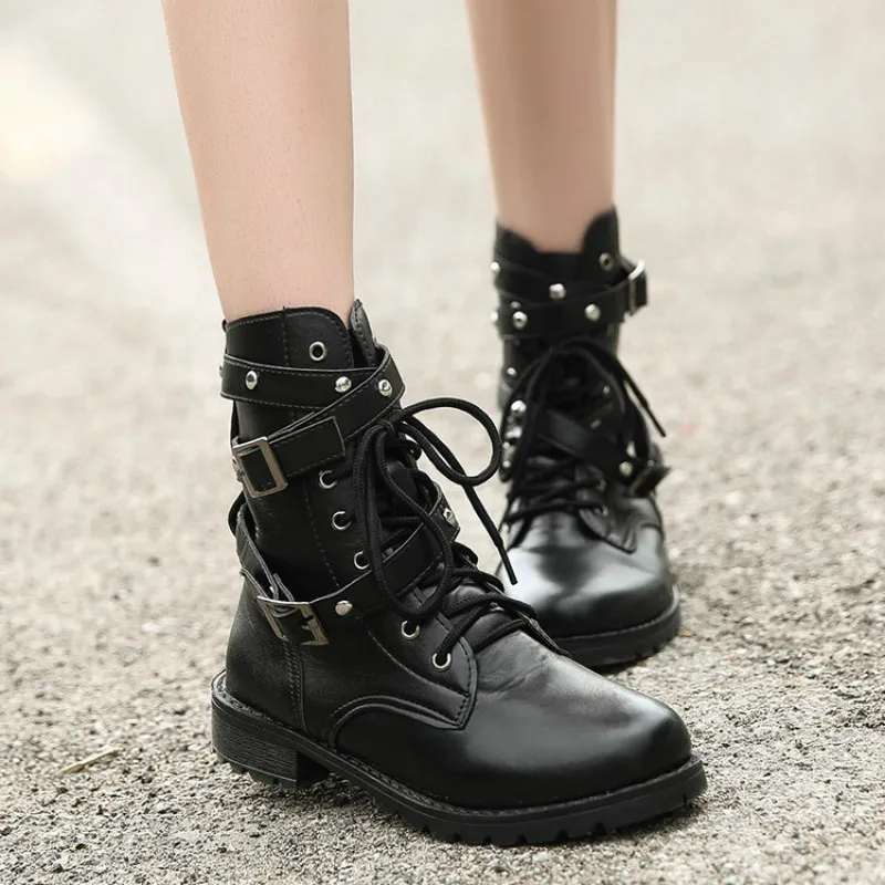 LZJ г., новые модные ботинки в стиле панк, готика, ремни на шнуровке, круглый носок Женская обувь полуботинки Уличная обувь mujer zapatos