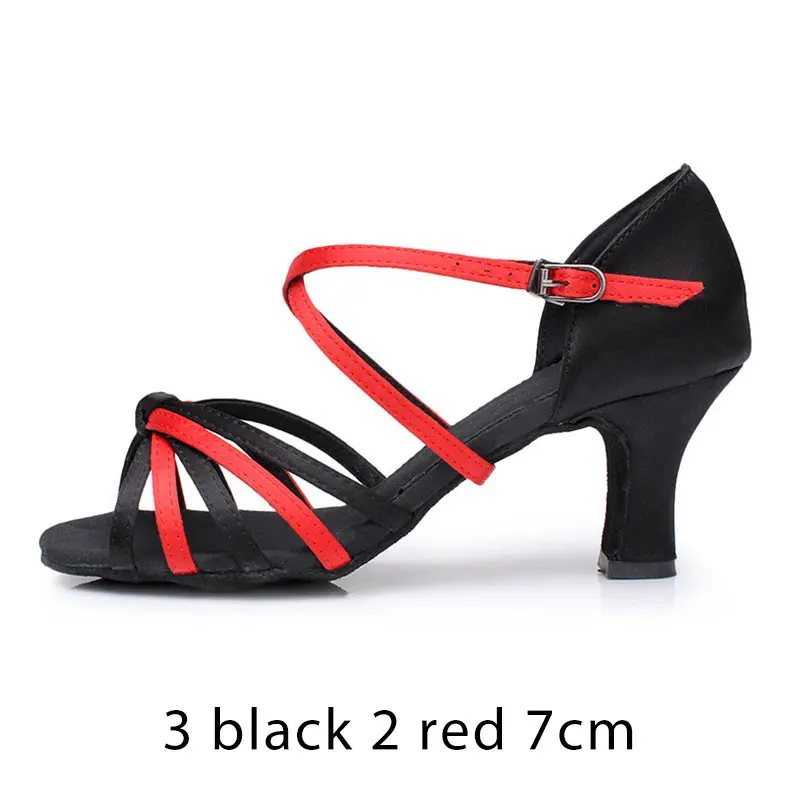 3 Black 2 red 7cm Для женщин Туфли для латинских танцев для девочек, Танцы Обувь для бальных танцев сальса обувь; комнатные тапочки; Мягкая атласная красочные женские туфли на высоком каблуке 5/7 см кроссовки - Цвет: 3 Black 2 red 7cm