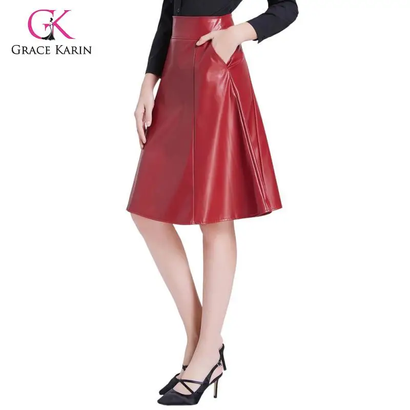 Grace Karin PU Leather Swing Skirt With Pocket Women Vintage Flared A-Line Skirt Casual High Waist