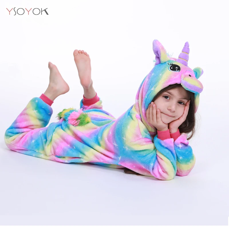 Kigurumi/Детские пижамы для мальчиков и девочек; комбинезон с единорогом; детский зимний комбинезон с изображением панды для мальчиков; детская одежда для сна - Цвет: Rainbow Star Unicorn