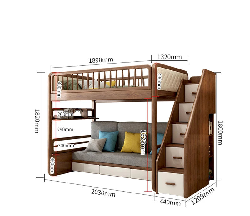 Детская односпальная двухъярусная кровать-чердак с паркетным столом и гардеробом