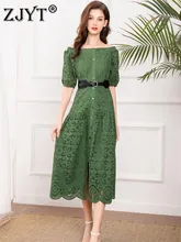 

Runway Fashion 2022 New Women's Spring Summer Hollow Out Embroidery Dress Elegant Single Breasted Midi Casual Holiday Vestido
