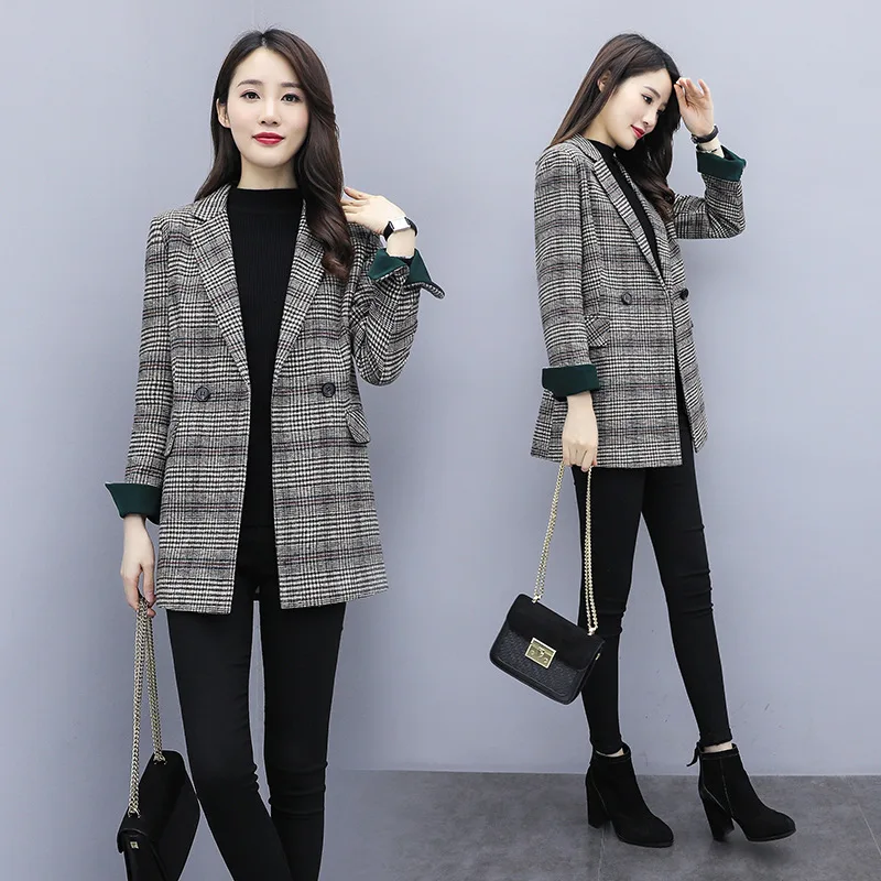 

Photo Shoot 2019 Korean-style New Style Fall And Winter Clothes Slim Fit Suit Popular Woolen Plaid Coat Women's