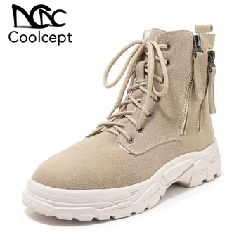 

Coolcept Leisure Women Ankle Boots Lace Up Solid Color Round Toe Thick Sole Shoes Winter Warm Daily Women Footwear Size 29-46