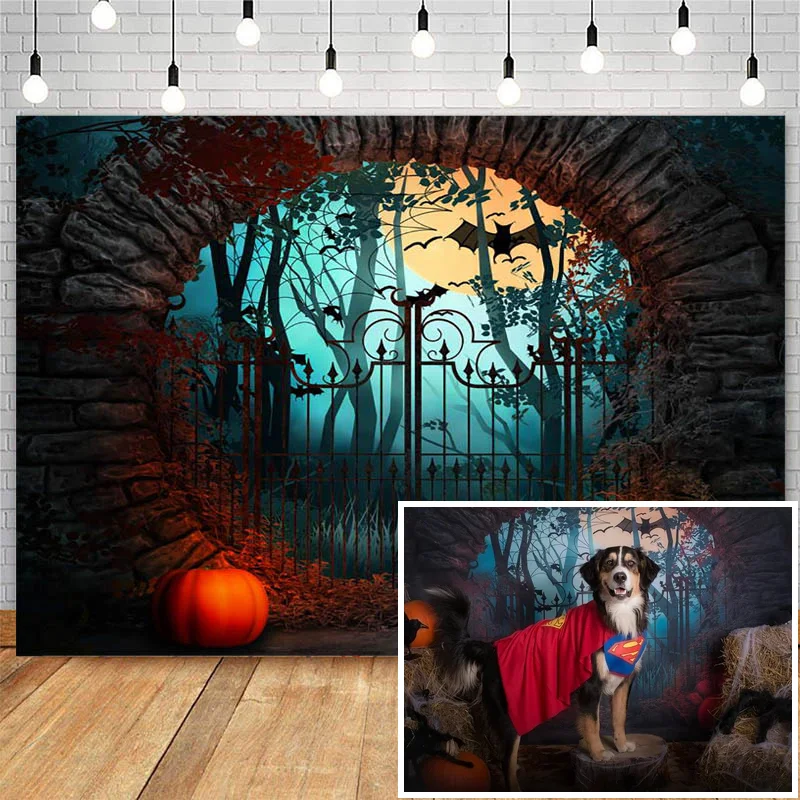 

Mocsicka Halloween Theme Photography Background Pumpkin Lron Gate Black Bat Backdrop Decor Photocall Background Photo Studio