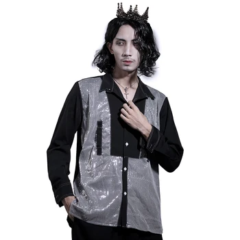 

Vintage Mens Shirts Patchwork Turn Down Collar Tinsel Long Sleeve Casual Shirts Loose