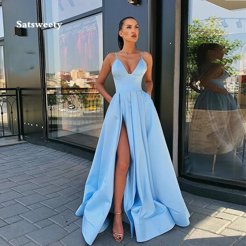 Light-Sky-Blue-Long-Prom-Dress-V-neck-Spaghetti-Straps-2019-Simple-Satin-Women-Prom-Gown