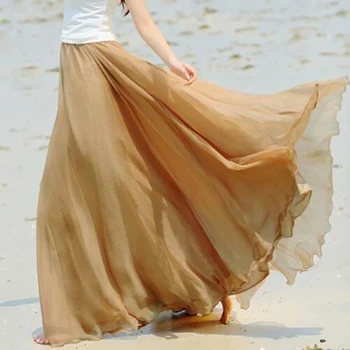 

Women Skirt Boho Chiffon Long Maxi Elastic Waist Double Layer Dress Fashion Girl High quality fashion simple solid color skirt