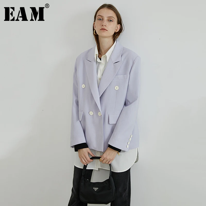 

[EAM] Women Purple Double Breasted Big Size Blazer New Lapel Long Sleeve Loose Fit Jacket Fashion Spring Autumn 2019 1D232
