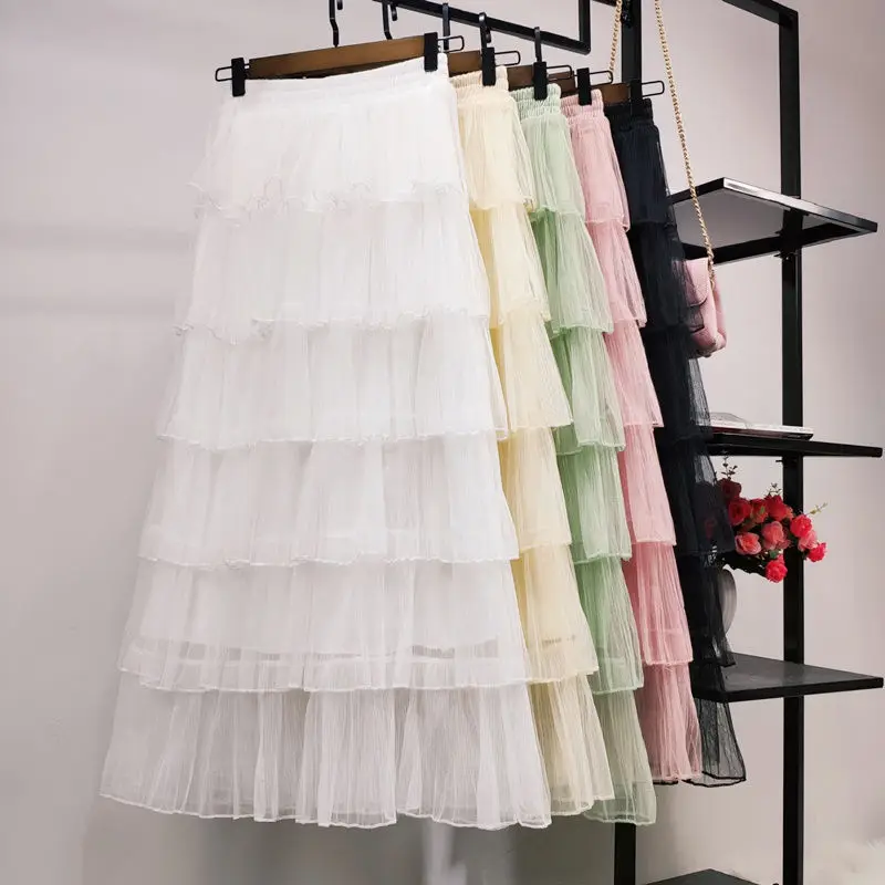 Fashion Maxi Long Cake Skirts Womens Elastic High Waist Multi-Layer Mesh Tulle Skirt Women Spring Summer Black Falda C6090 | Женская