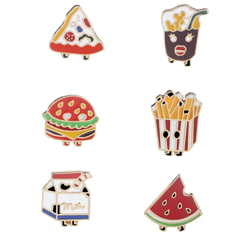 

New Cartoon Food Brooches For Women Mini Snack Brooch Hamburger Pizza Milk Watermelon French Fries Enamel Pins Bag Cost Jewelry