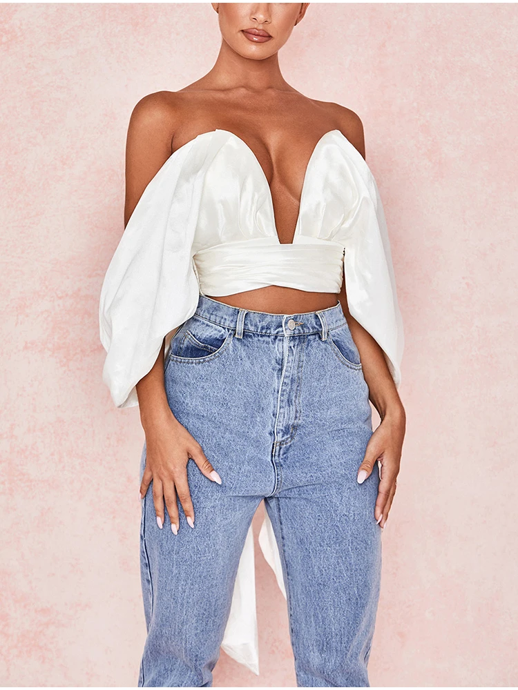 NewAsia Garden Off Shoulder Blouse Women Glossy Deep V-neck Backless White Tops Fashion Back Big Bow Sexy Blusas Casual 2020 New