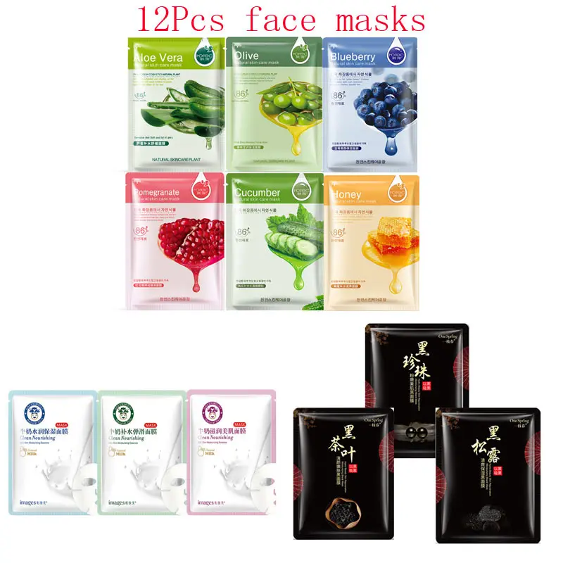

12Pcs Mixed plant blueberry Truffle black tea milk Face Mask Moisturizing Shrink Pores Oil-control Facial Masks Korean Skin Care