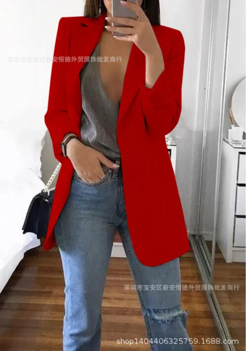 Модный женский Блейзер однотонный лацкан с двойными карманами однотонный Кардиган большого размера женские костюмы куртка Осенняя женская одежда