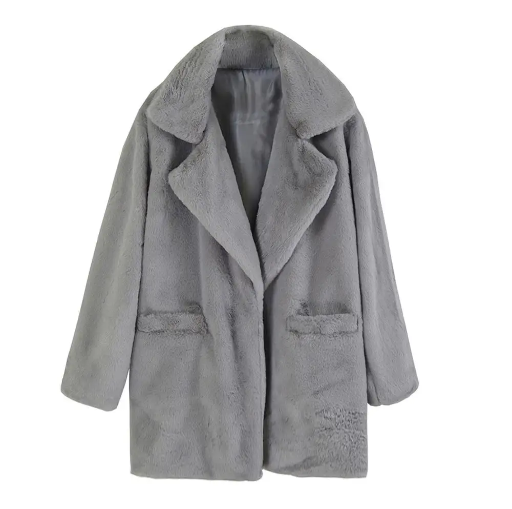 Пальто из искусственного меха размера плюс, Женское зимнее пушистое плюшевое пальто, модное винтажное однотонное пальто с отворотом и длинным рукавом, теплая мягкая верхняя одежда