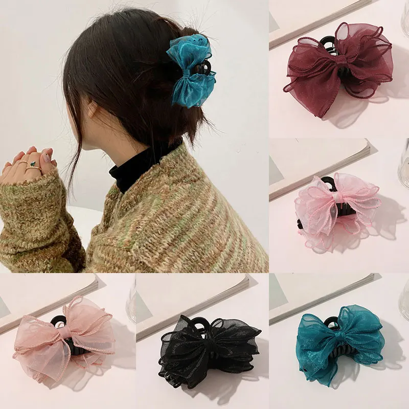 Korean Bow Mesh Hair Clip Super Fairy Solid Yarn Ribbon Bow Hairpin Organza Bow Tie Hair Claws Hair Accessories Drop shipping mini hair clips