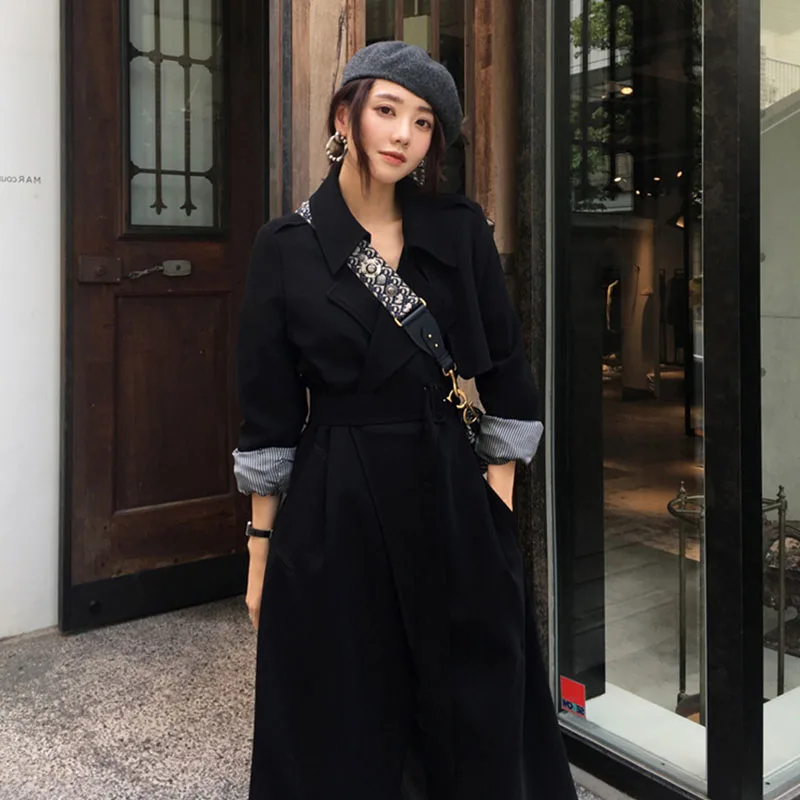 

Spring Autumn New Over The Knee Cotton Female Trench Coat Mid Length pure Women Windbreaker Belt Straight Suit Collar ropa mujer