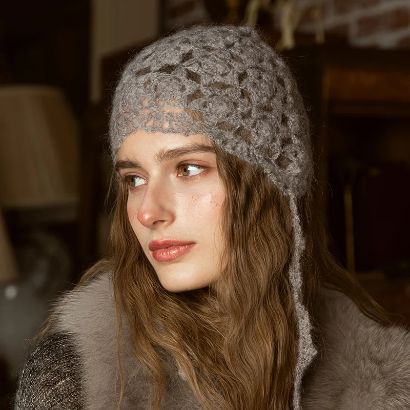 

X036 Adult Hand-Woven Knitting Hats Adjustable Autumn Flower Beret Sweet Cute Woolen Cap Korean Fashion Baotou Hat