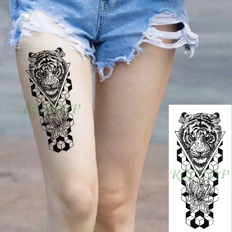 Autocollant De Tatouage Temporaire Impermeable Tete De Tigre Chrysantheme Fleur Triangle Cube Faux Tatouage Flash Pour Filles Femmes Et Hommes Aliexpress