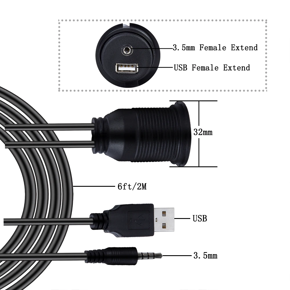 2 м USB2.0 AUX водонепроницаемый USB кабель-удлинитель 3,5 мм кабель для крепления панели приборной панели для автомобиля, лодки, мотоцикла кабель для скрытого монтажа адаптер