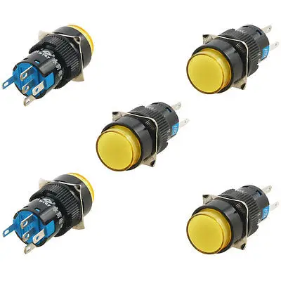 

5 Pcs AC 220V Yellow Light Latching SPDT Round Push Button Switch AC 250V 5A
