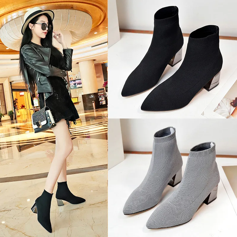 

Europe 2019 Luxury Sexy Women Boots Ankle High-heel Shoes Woman Stretch Fabric Knee-High Pointed Socks Shoes Brand Ladies Shoes