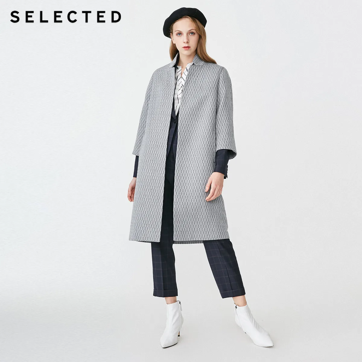 SELECTED Women Loose Fit Mid-length Herringbone Overcoat Coat| 419127507