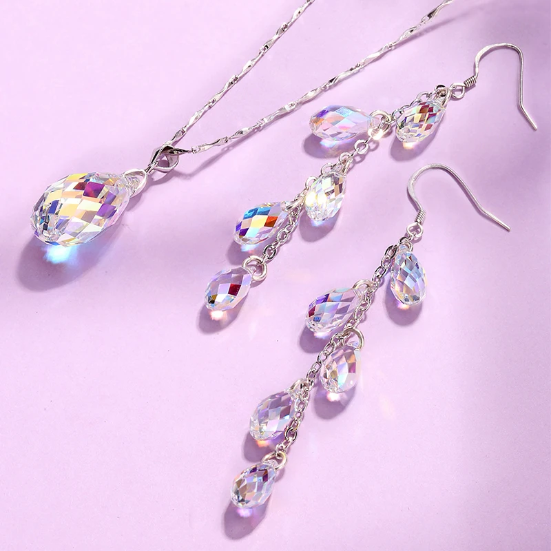 Роскошный ювелирный набор с кисточками кристаллами от Swarovski подвеска ожерелье длинные висячие серьги красочные бусы для женщин Свадьба - Окраска металла: Родиевое покрытие