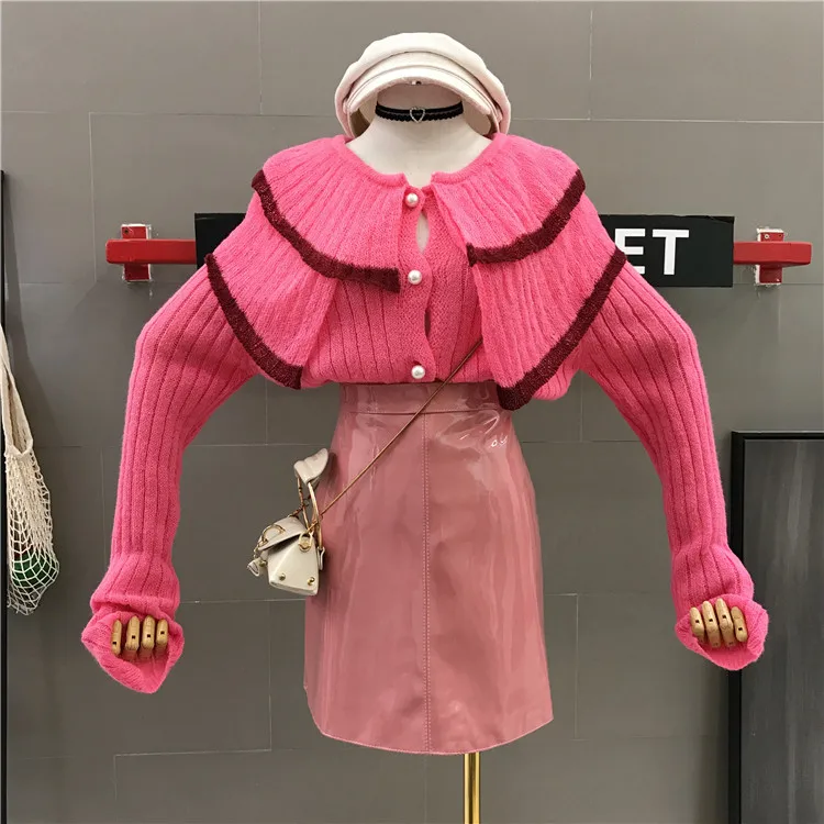 

Double Layer Doll Neck Women's Knitted Sweater + PU Leather Short Skirt Two Piece Lady Students Fashion Autumn Skirt Suits