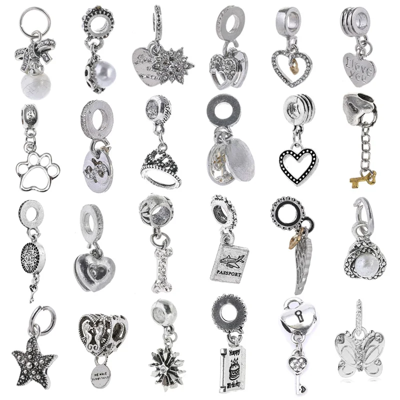 

2Pcs/Lot High Quality Alloy Silver Plated Heart Crown Charm Pendants Fit Fashion Brand Bracelets For Women Lucky Jewelry Gift