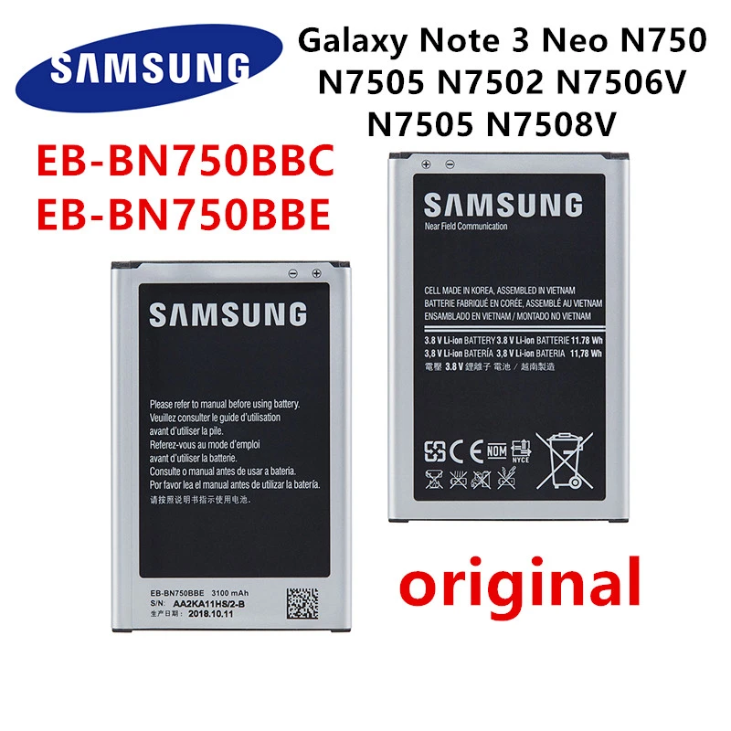 SAMSUNG Orginal EB-BN750BBC EB-BN750BBE 3100mAh Battery For Samsung Galaxy Note 3 Neo N750 N7505 N7502 N7500Q N7506V N7508V E510 portable phone charger