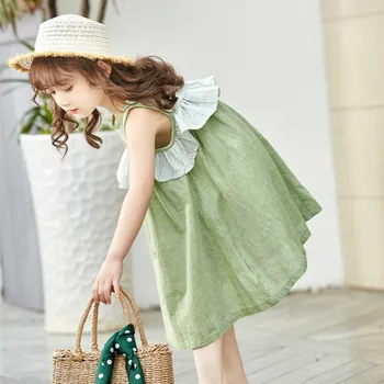 

2020 Summer Children Sleeveless Clothes Big Girls Ruffles Casual Dresses Kids Girls Cotton Dress Stripe Patchwork Dress, #0028