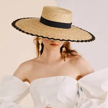 

Designer hats women 2020 Wave patch cloth brim flat top big straw hat outdoor sunshade beach straw hat