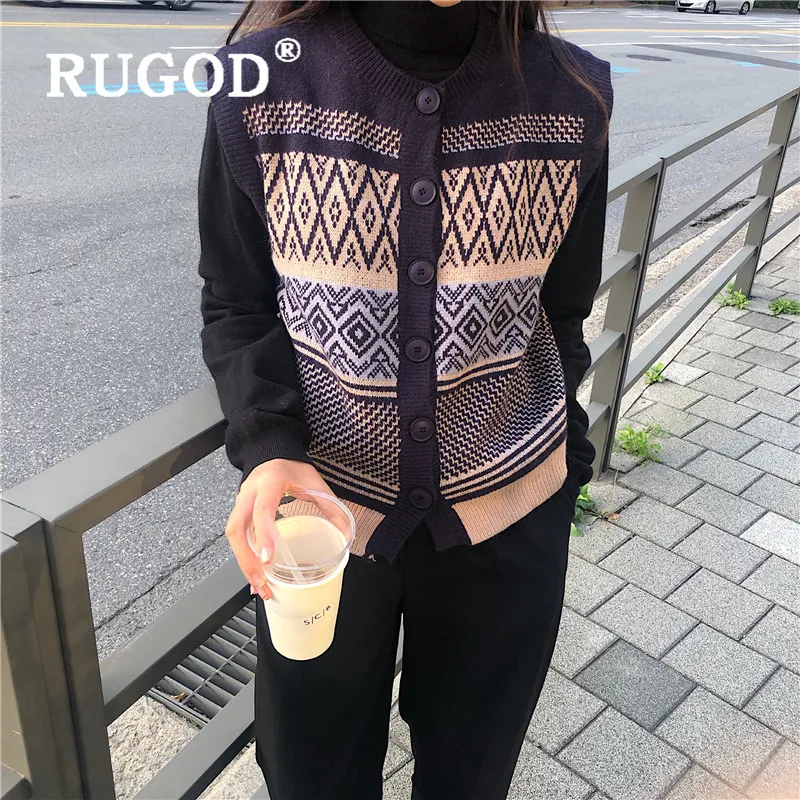 RUGOD, винтажный вязаный жилет, без рукавов, топ, женский, простой, корейский стиль, кашемировый свитер, мода, трикотаж, осень, Kpop одежда