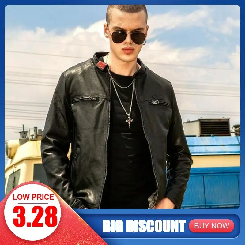 

2020 Black Men Slim Fit Biker's Leather Jacket Plus Size XXXL Genuine Sheepskin Autumn Russian Short Motorcycle Leather Coat