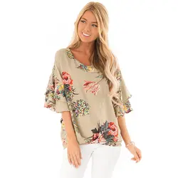 Повседневная Блузка с круглым вырезом и оборками, с короткими рукавами, модная блуза Blususa Mujer De Moda 2019, летняя рубашка с цветочным принтом