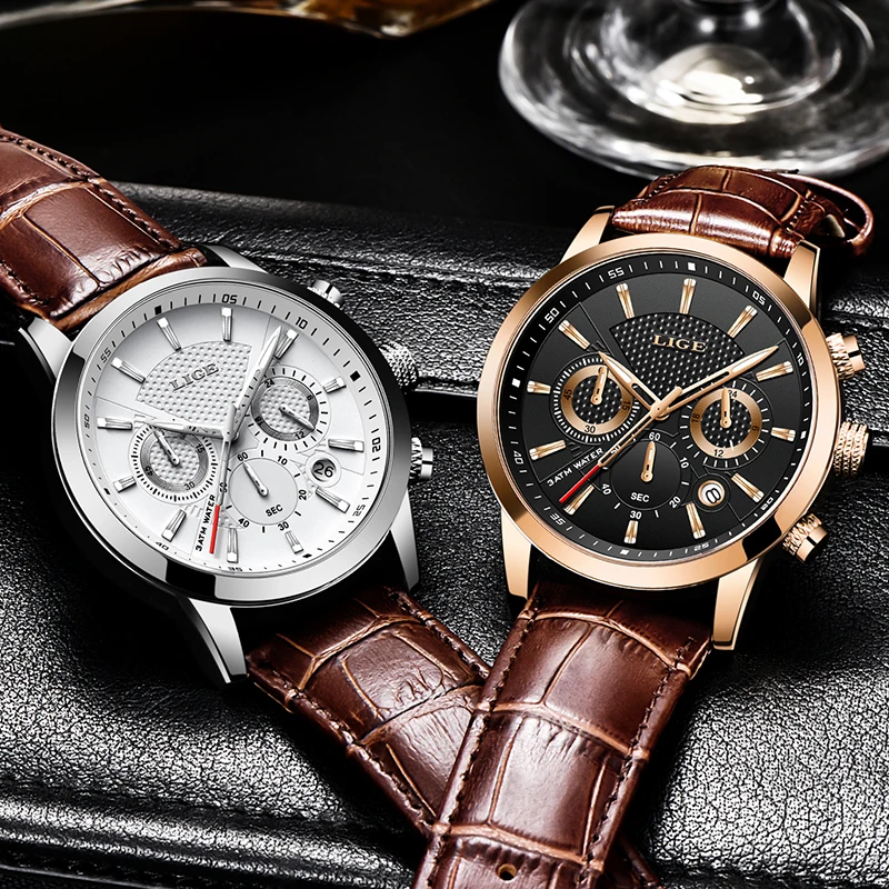 2022 New Mens Watches LIGE Top Brand Leather Chronograph Waterproof Sports Automatic Date Quartz Watch For Men Relogio Masculino | Наручные