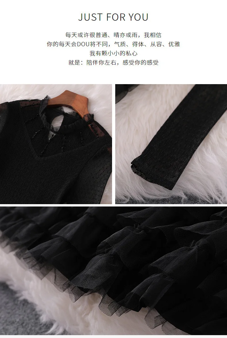 Women fashion autumn winter ruffles dress lace inset long sleeve gothic dress fit and flare cute dresses new black