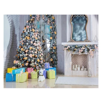 

7X5Ft Christmas Photography Background Fireplace Christmas Gifts Colorful Christmas Tree Photo Gallery Background Cloth