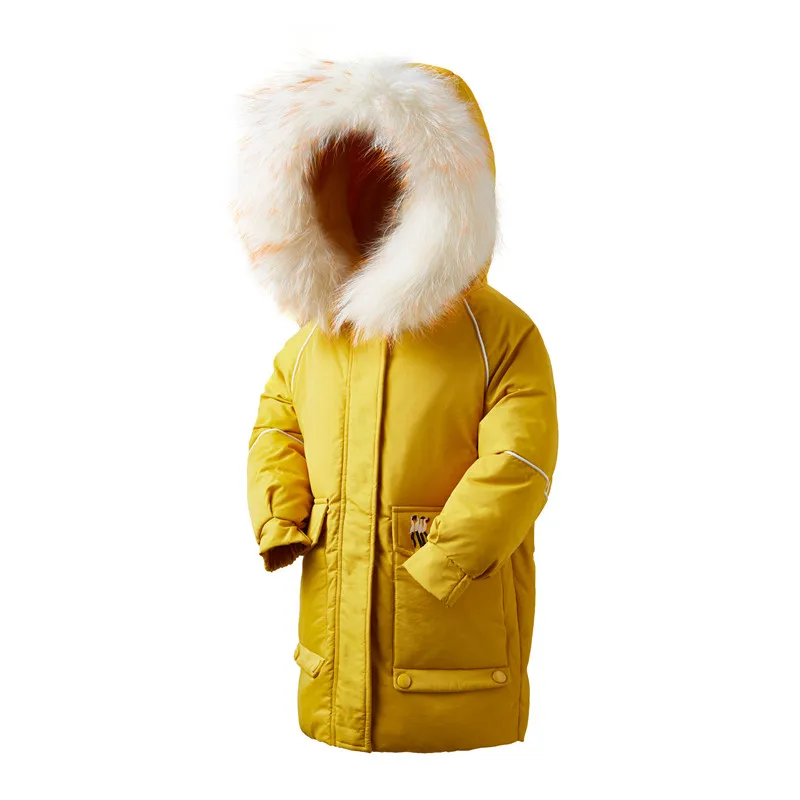 Yellow 30 градусов; мягкие детские колготки на меху для девочек куртки для девочек с меховым капюшоном; пуховое пальто для девочек Детская длинная куртка с секциями модная верхняя одежда - Цвет: Yellow