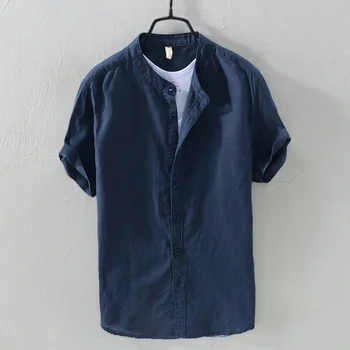 

Men Baggy Cotton Linen Solid Short Sleeve Button Down Shirts Tops for Summer JL