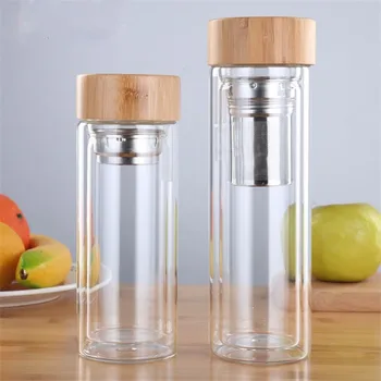 

ZOOOBE 350/450ml Double Wall Glass Water bottles With stainless Steel filter and bamboo lid Tea Infuser glass drink bottle